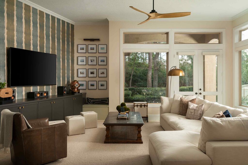 Elegant seating arrangement for entertaining at Bend Oaks by CW Interiors in The Woodlands Texas.