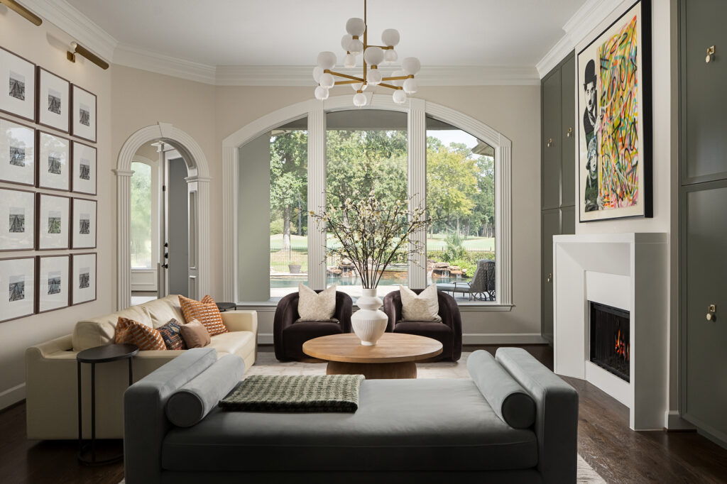Great room at Fernside Manor designed by CW Interiors in The Woodlands Texas, with layered textures and curated furnishings.
