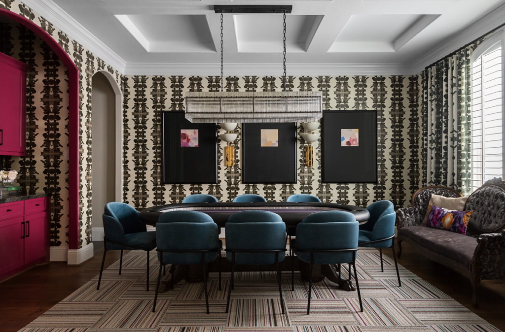 poker room interior design rendering compared to completed luxury game room 