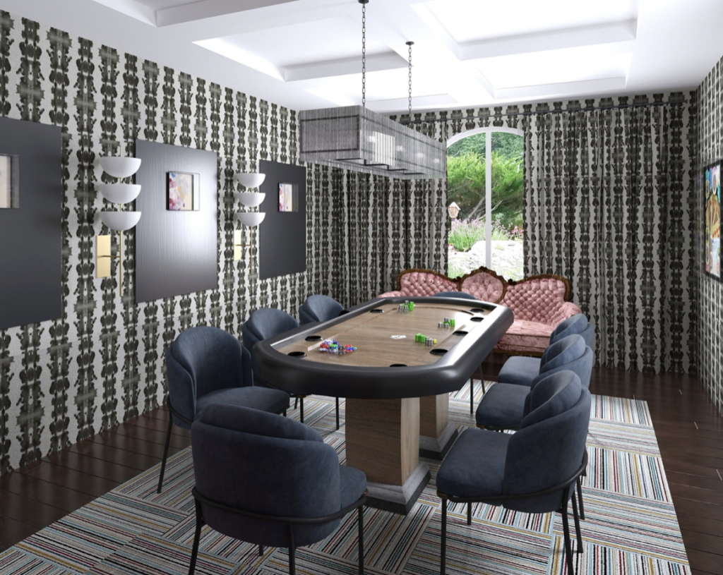 photorealistic rendering of dramatic poker room interior design