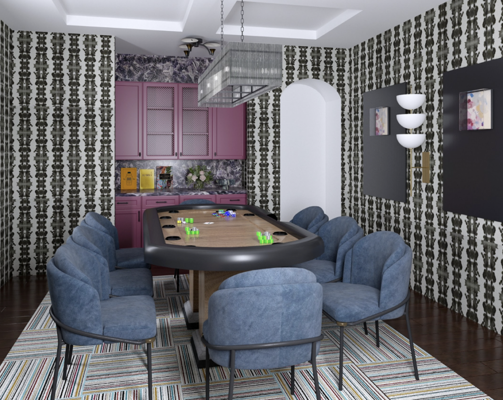 interior rendering showing moody lighting and material layering